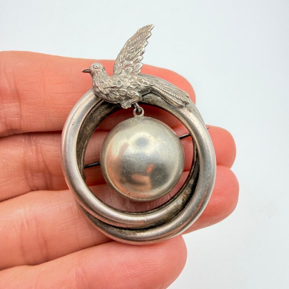 Antique Victorian Silver Bird Swallow Swinging Ball Brooch Pin Signed 6